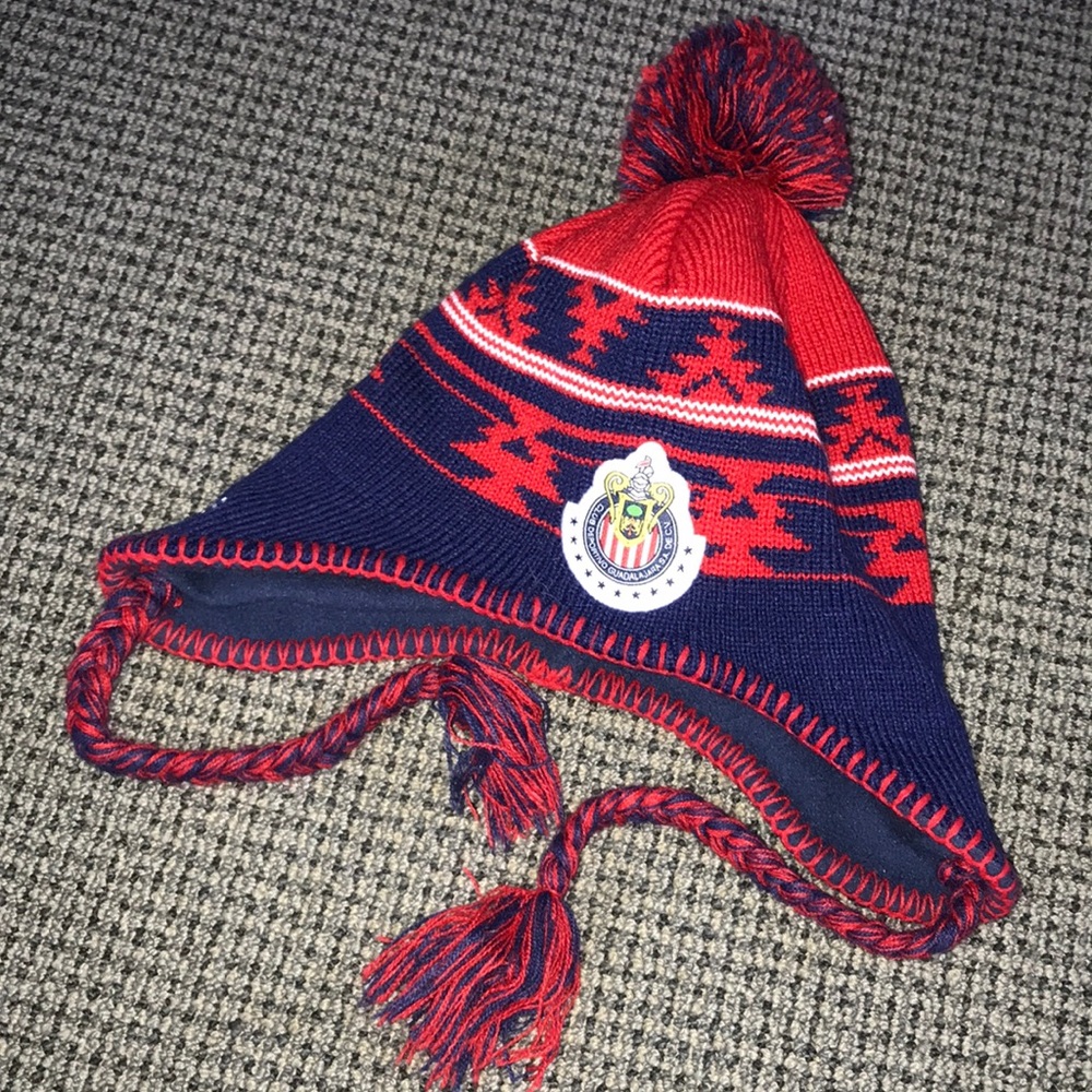 Chivas Kids Red Navy Knit Pom Pom Earflap Hat Team Crest Patch Guadalajara